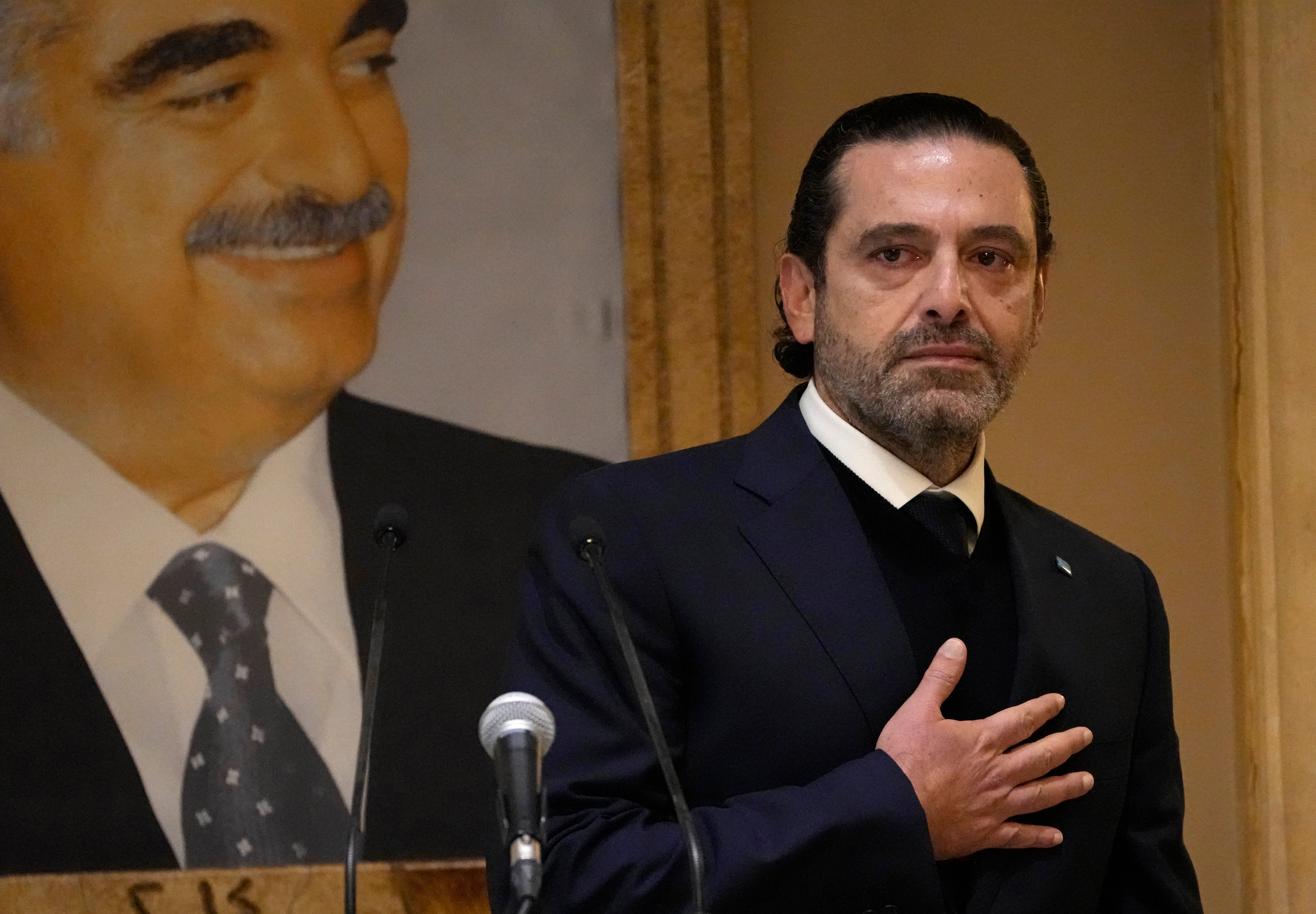 Former Lebanese Prime Minister Saad Hariri appears emotional following his announcement in Beirut, Lebanon, 24 January 2022