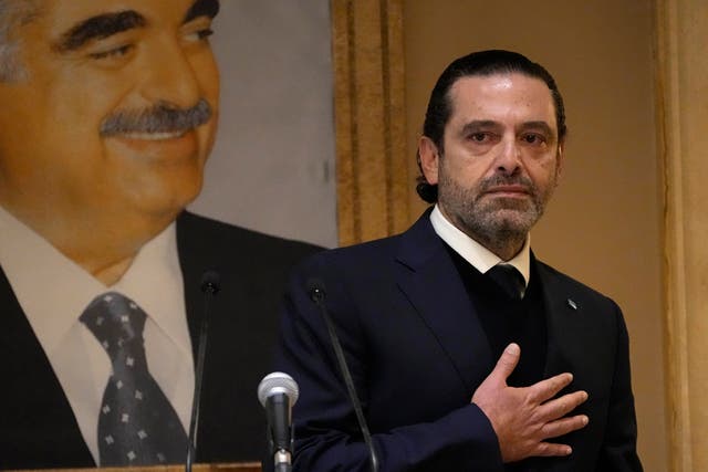 <p>Former Lebanese Prime Minister Saad Hariri appears emotional following his announcement in Beirut, Lebanon, 24 January 2022</p>