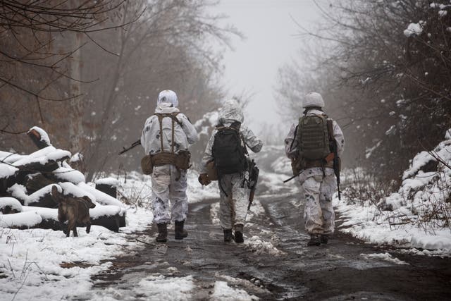 <p>Ukrainian soldiers walk at the line of separation from pro-Russian rebels near Katerinivka in Donetsk</p>