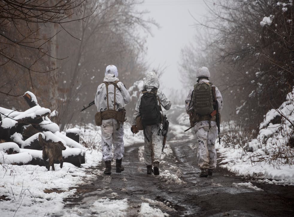 <p>Ukrainian soldiers walk at the line of separation from pro-Russian rebels near Katerinivka in Donetsk</p>