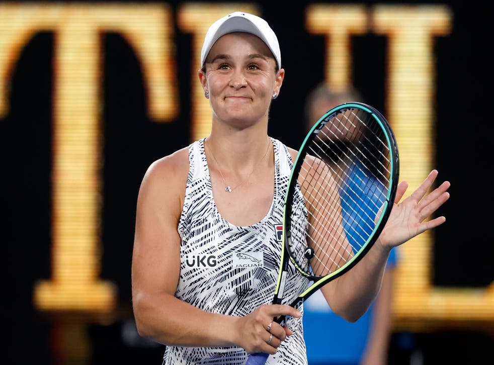 <p>Ashleigh Barty is all smiles after beating Jessica Pegula (Hamish Blair/AP)</p>