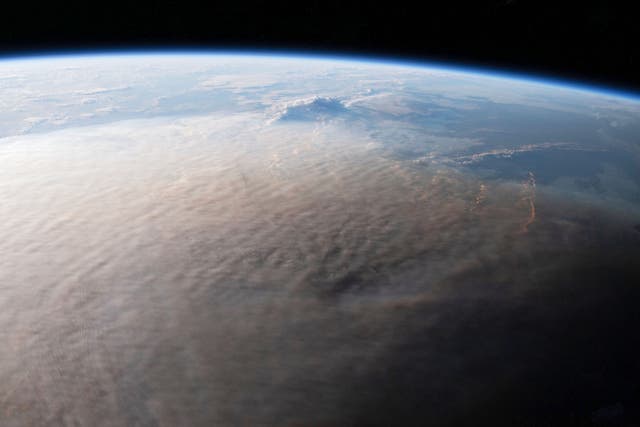 <p>An astronaut aboard the International Space Station took the photo of ash over the South Pacific on 16 January</p>