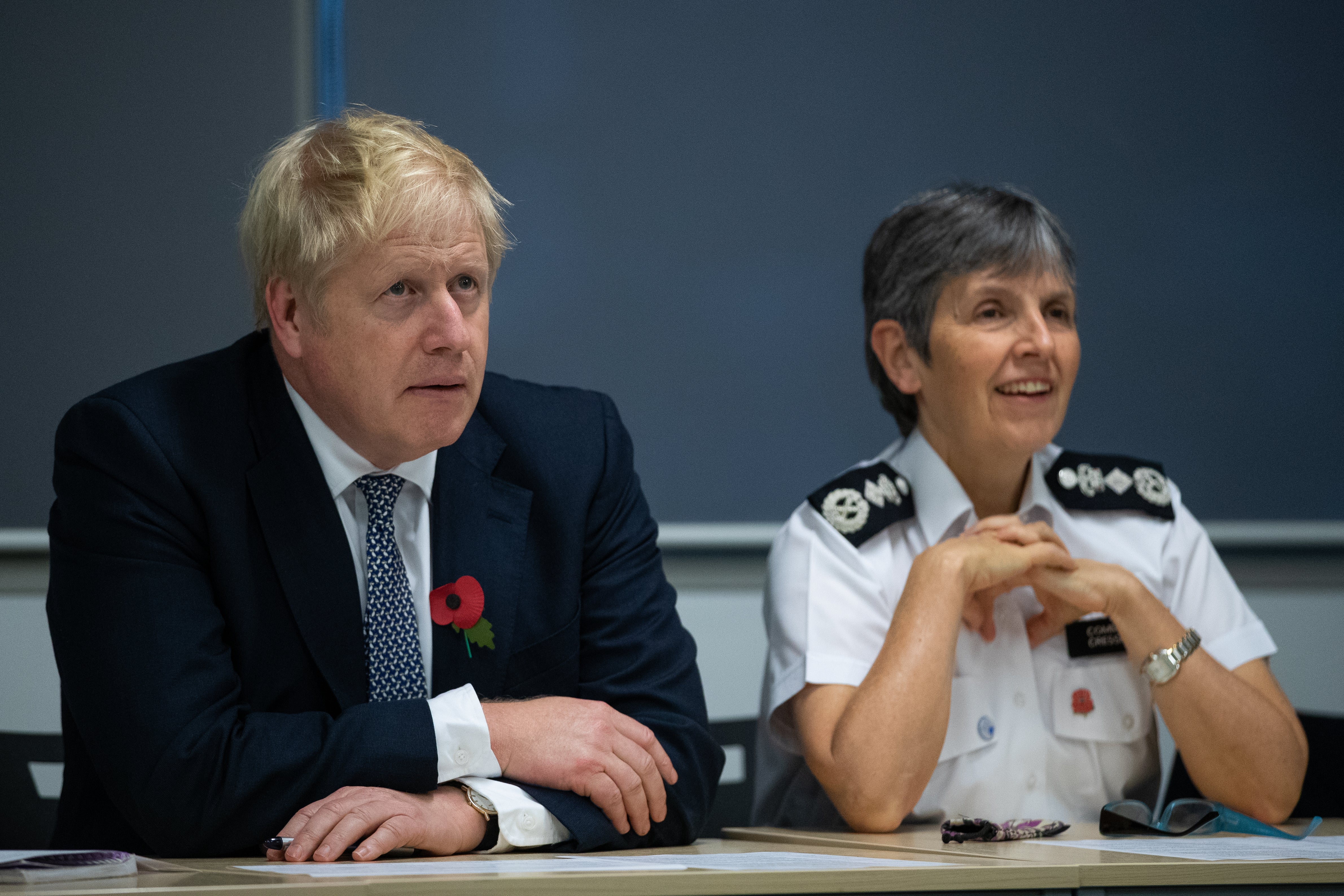 Prime Minister Boris Johnson and Police Commissioner Cressida Dick during a visit to Metropolitan Police training college in Hendon, north London. The PM has failed twice to back Britain’s most senior police officer as the right person to fight county lines drugs gangs. In an interview with LBC Mr Johnson was asked if Metropolitan Police Commissioner Dame Cressida Dick should lead the battle against the criminal networks, but twice avoided answering the question (Aaron Chown/PA)