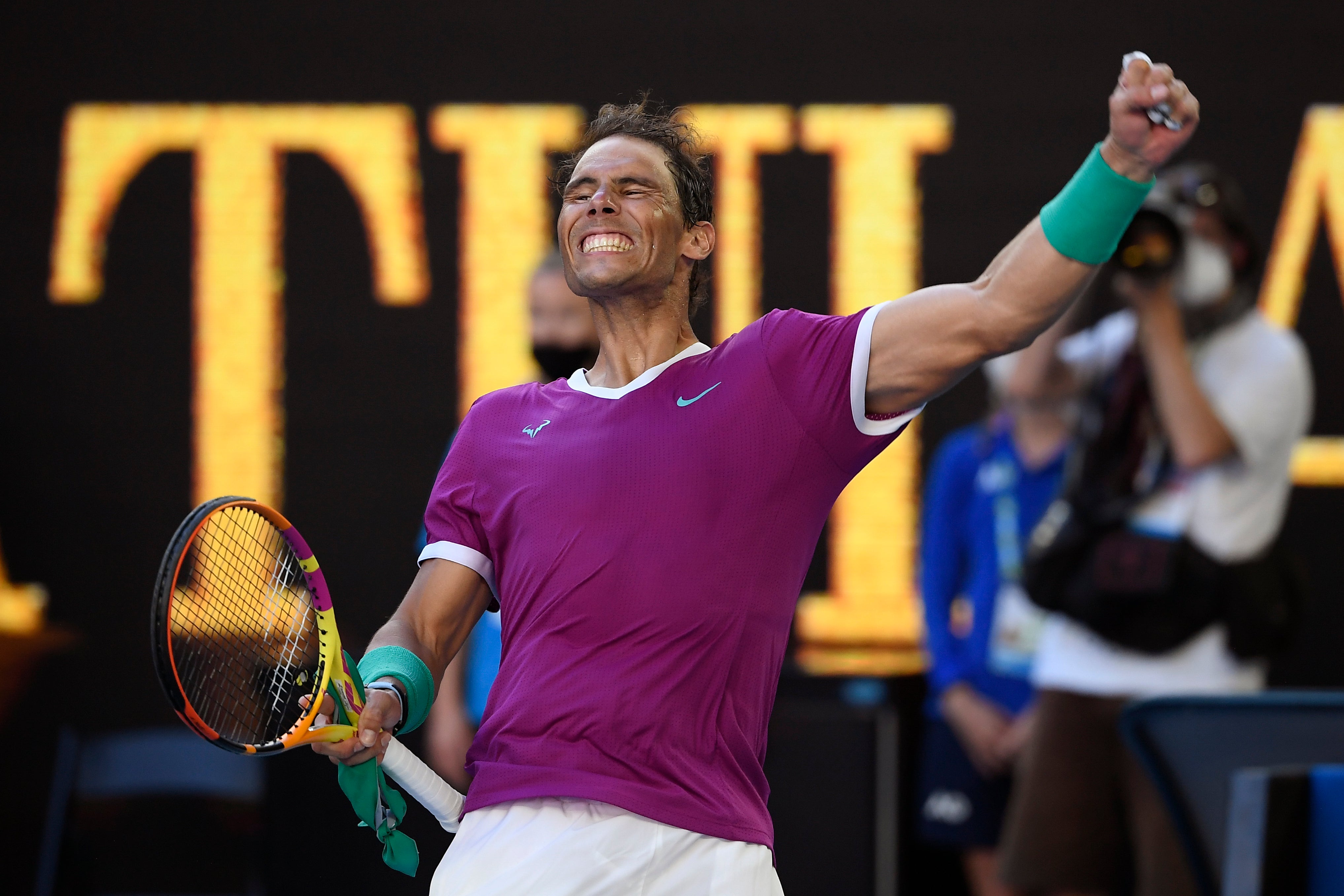 Rafael Nadal punches the air after beating Denis Shapovalov (Andy Brownbill/AP)