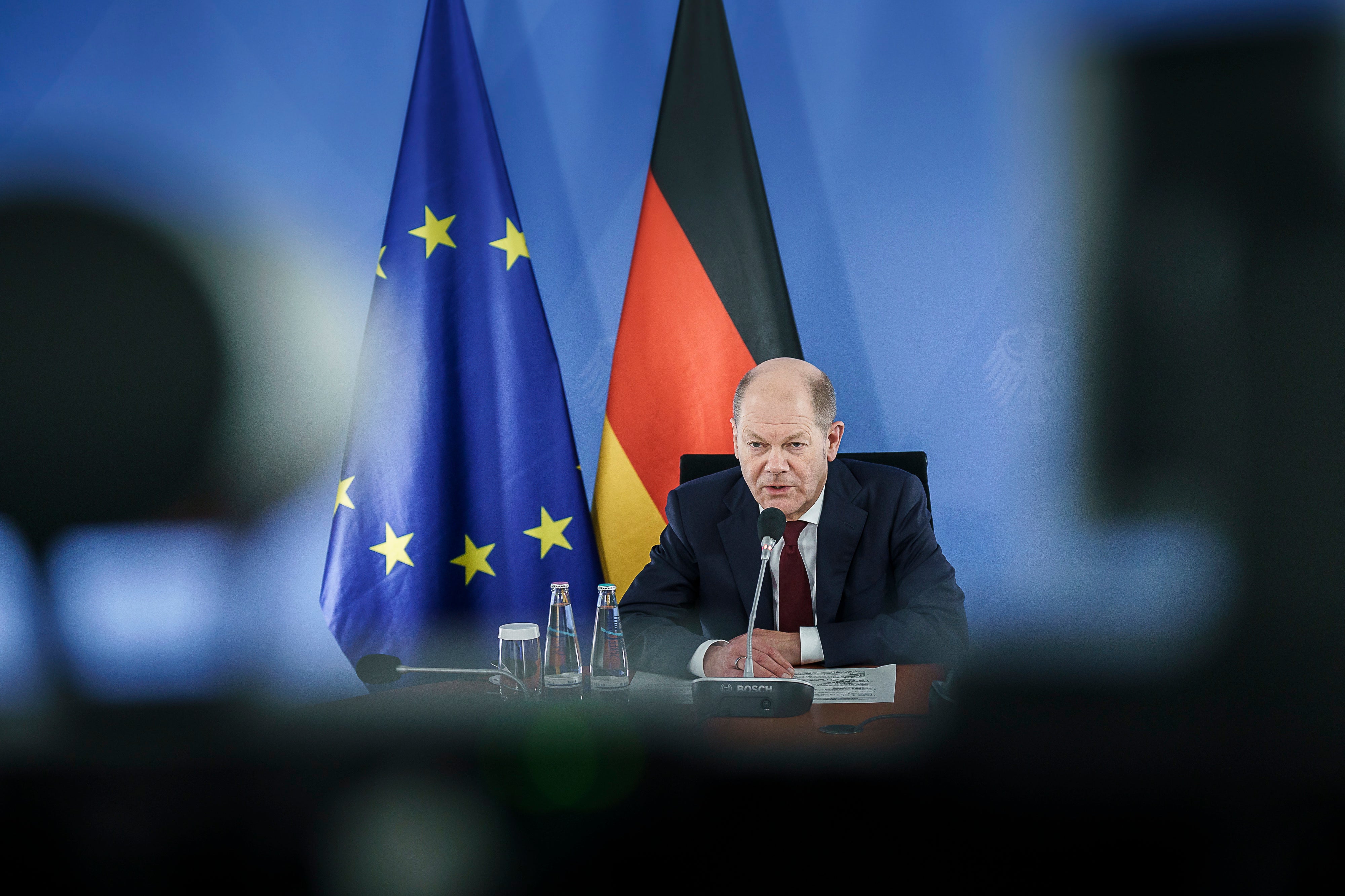 German chancellor Olaf Scholz speaks during a video conference with allies in response to the situation in and around Ukraine