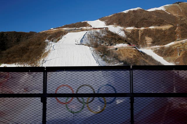 <p>The Olympic rings at the National Alpine Skiing Centre in Yanqing, China. The 2022 Winter Olympics will run entirely on fake snow</p>