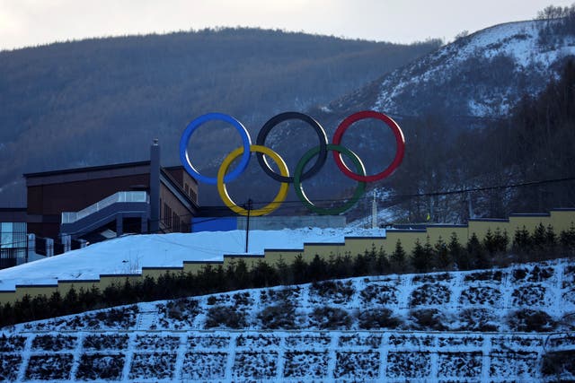 <p>The Olympic rings at the Zhangjiakou ski zone in China. It’s not the first time that fake snow has been deployed at the Winter Olympics - but it is the first time that the games will be run entirely on artificial powder</p>