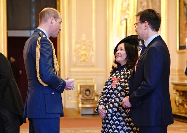 Tanya and Nadim Ednan-Laperouse receive OBEs from the Duke of Cambridge during an investiture ceremony at Windsor Castle (Yui Mok/PA)
