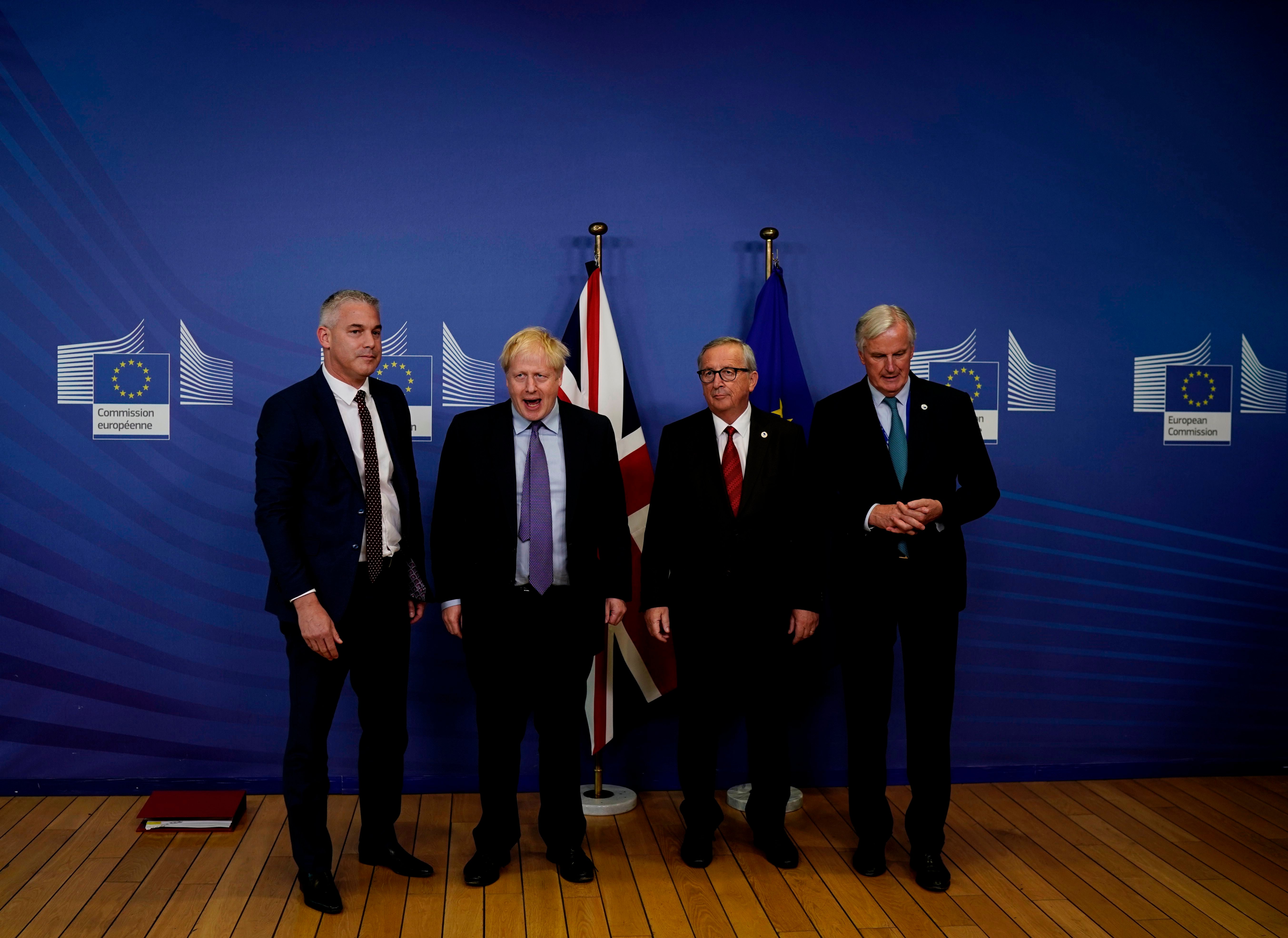 Johnson with Jean-Claude Juncker and Barnier (second right and right) and Britain’s Brexit minister Stephen Barclay at a press conference in Brussels in 2019