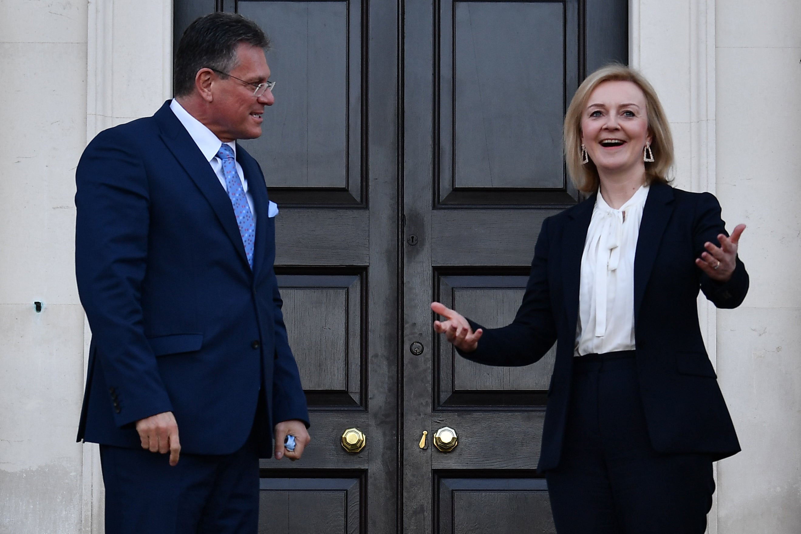 Foreign Secretary Liz Truss, right, has taken over negotiating on the UK’s behalf with the European Commission’s Maros Sefcovic, left (Ben Stansall/PA)