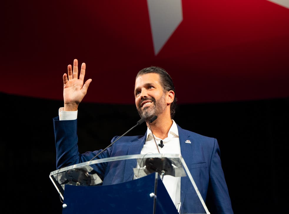 <p>File: Donald Trump Jr waves after speaking during the Conservative Political Action Conference held at the Hilton Anatole on 9 July 2021 in Dallas, Texas</p>