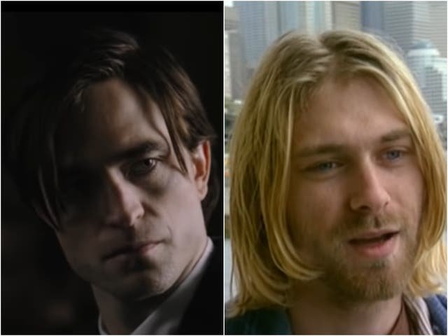 <p>Robert Pattinson in ‘The Batman’ and Nirvana frontman Kurt Cobain</p>