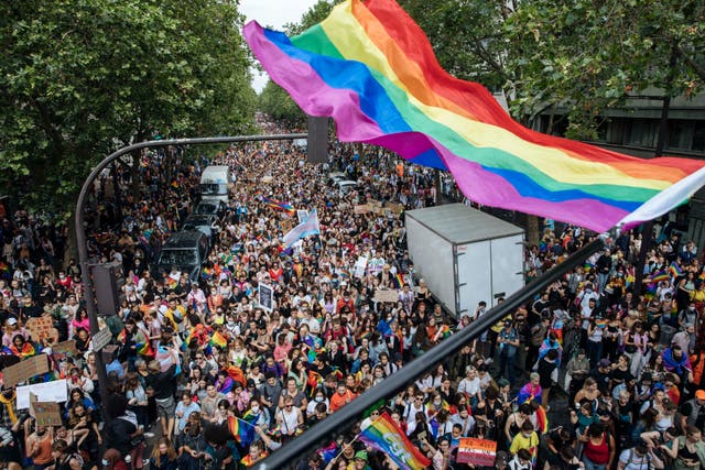 <p>The annual Gay Pride march winds through Paris on 26 June, 2021. </p>