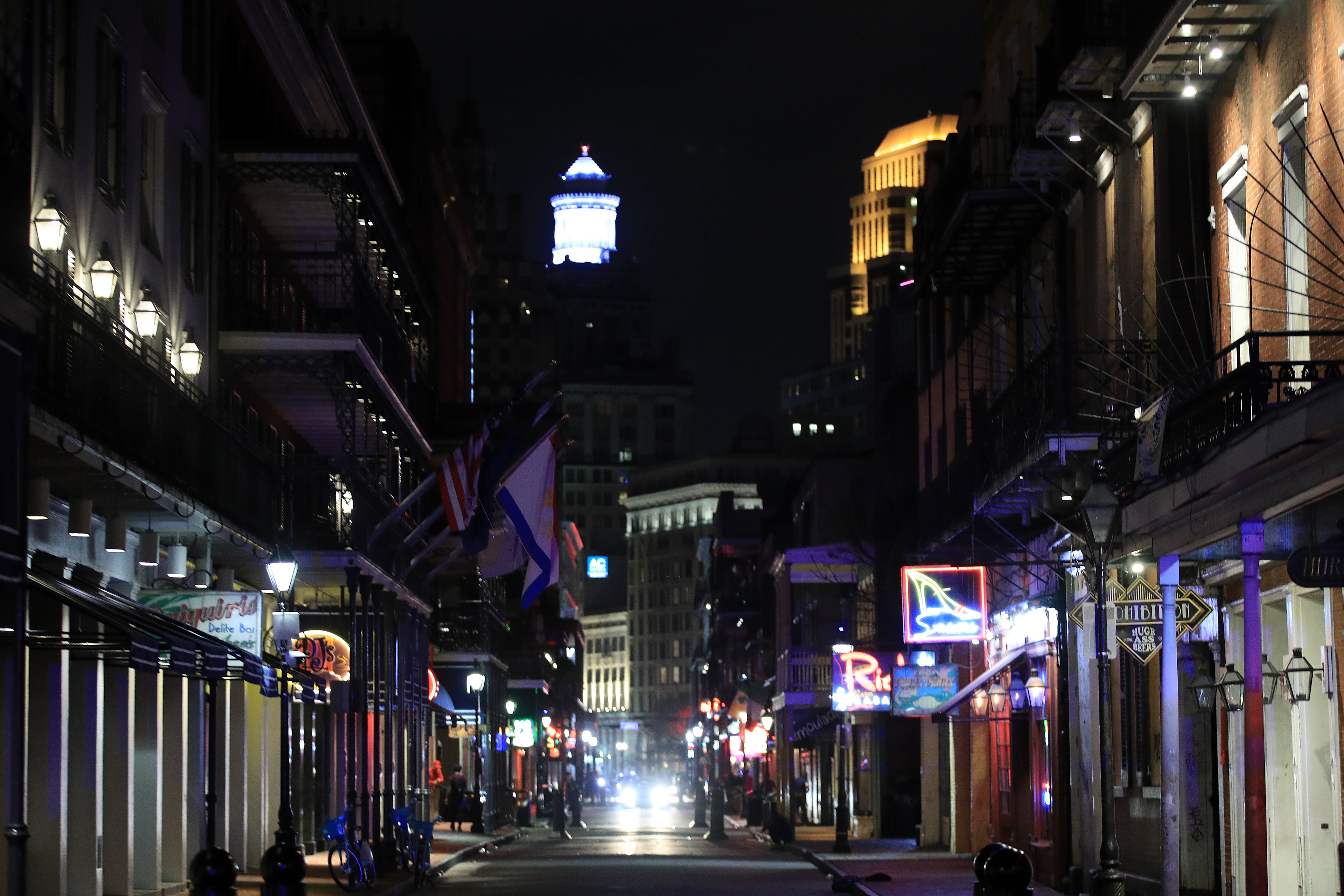 Bourbon Street is empty as Louisiana Governor John Bel Edwards orders bars, gyms and casinos to close until April 13th due to the spread of coronavirus (COVID-19) on March 16, 2020 in New Orleans, Louisiana