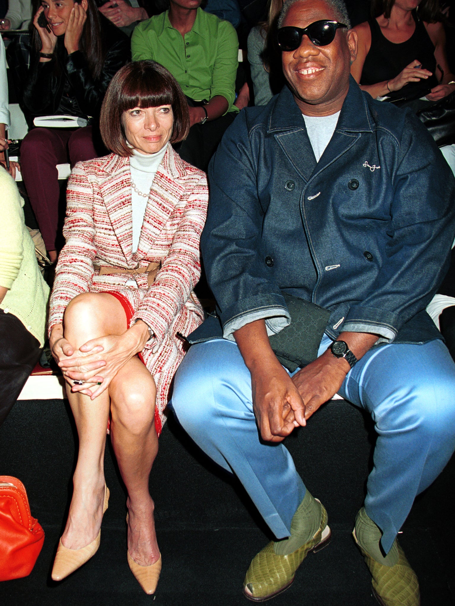 With fellow Vogue editor Anna Wintour at the Donna Karan Spring 2001 show in New York