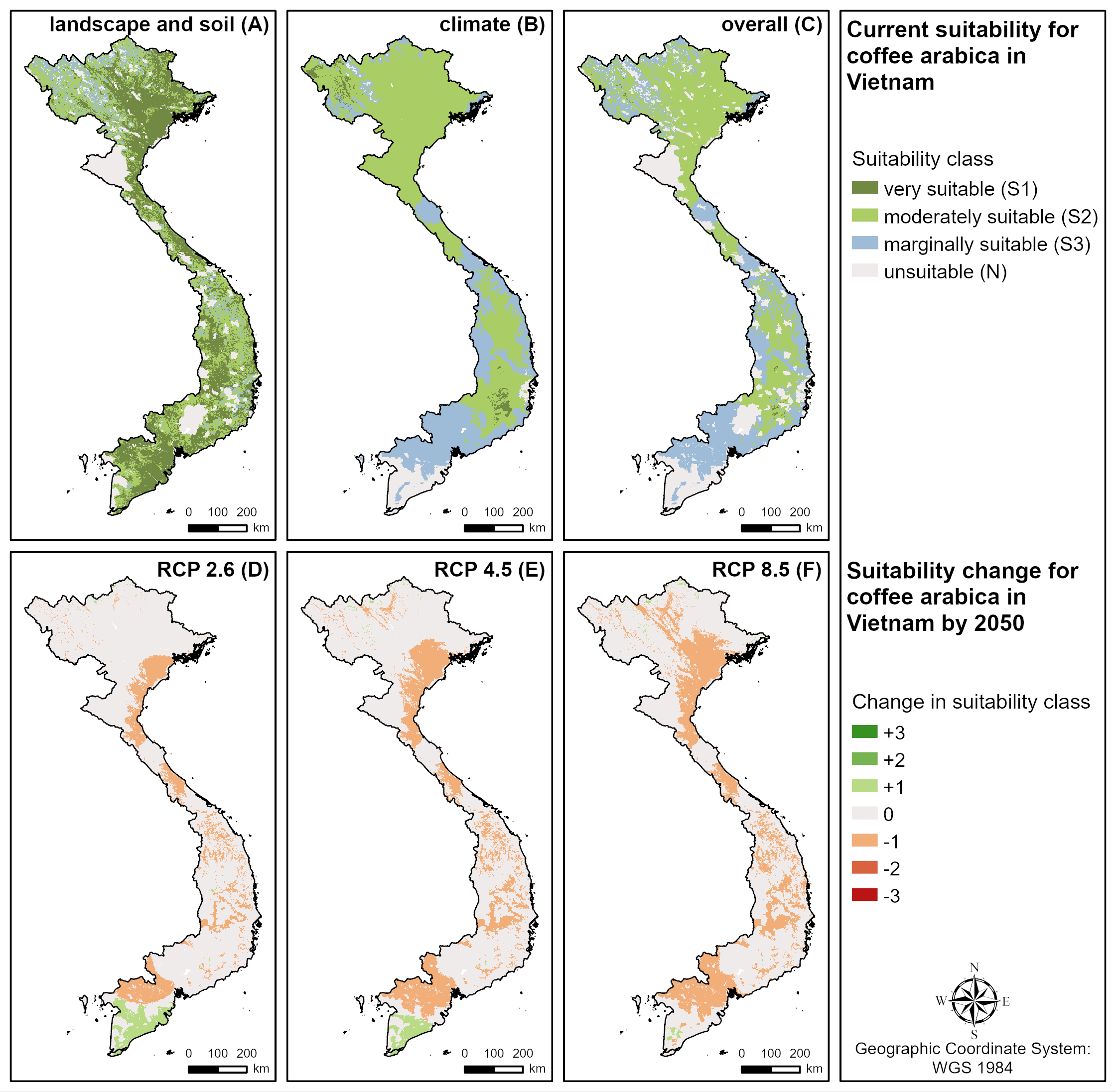 Map showing coffee growing areas of suitability in Vietnam under different climate scenarios between now and 2050