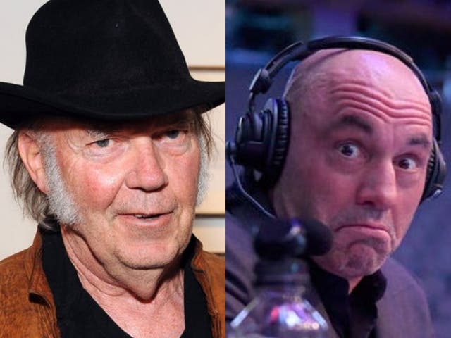 <p>Neil Young (izquierda) le dijo a Spotify que retiraría su música de la plataforma si no quitaban el podcast de Joe Rogan (derecha) </p>