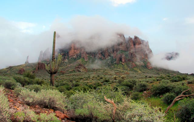 <p>File photo: Low-hanging winter clouds hug part of Superstition Mountain in Lost Dutchman State Park in Arizona, from where a hiker fell this week </p>
