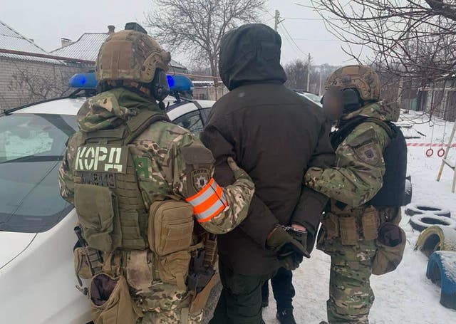 <p>This handout photograph taken from the official Facebook account of The Ukrainian Ministry of Internal Affairs on January 27, 2022, shows the arrest of Artemy Ryabchuk in Dnipro</p>