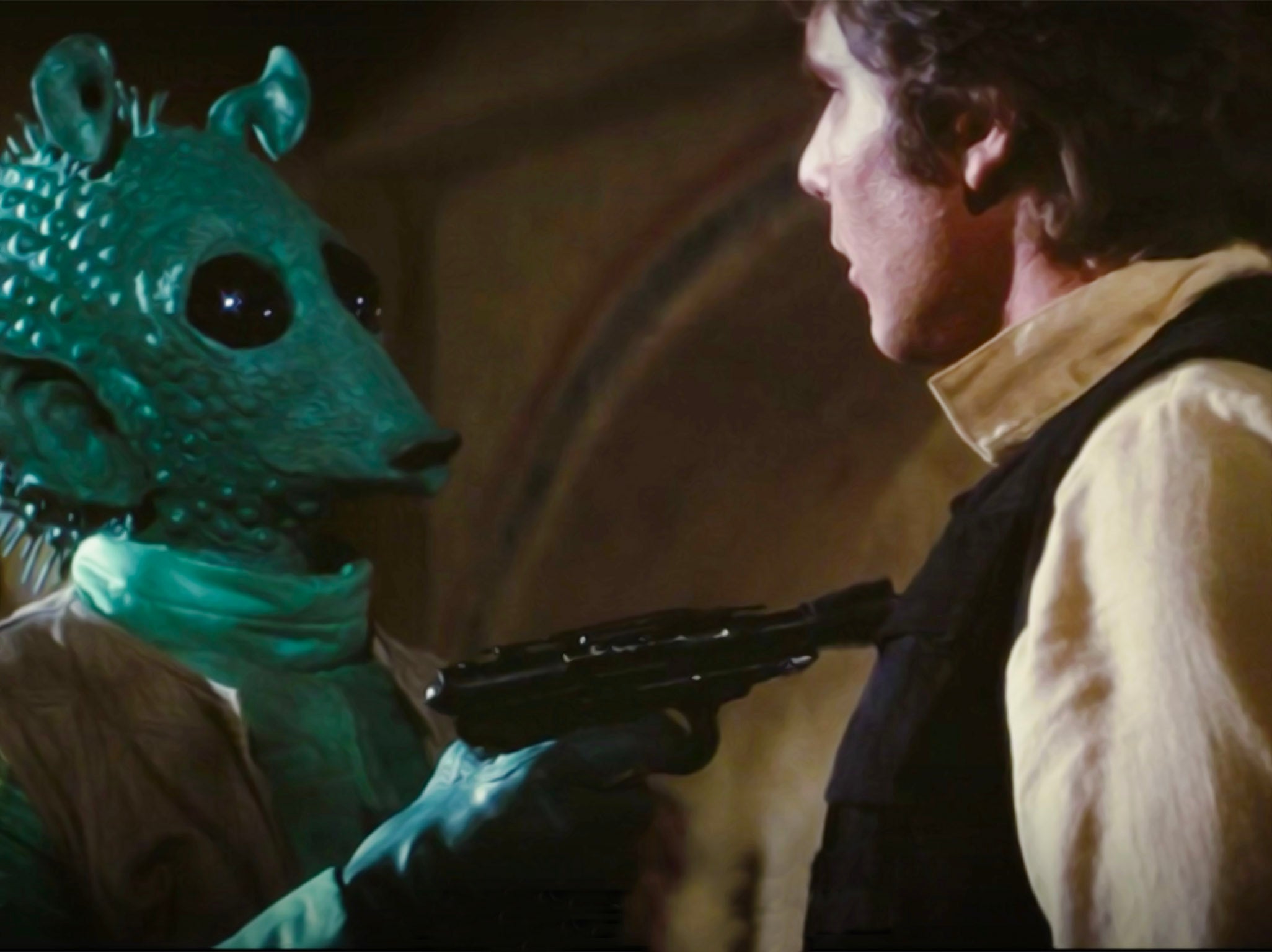 Greedo and Han Solo prepare to shoot one another in ‘Star Wars: A New Hope’