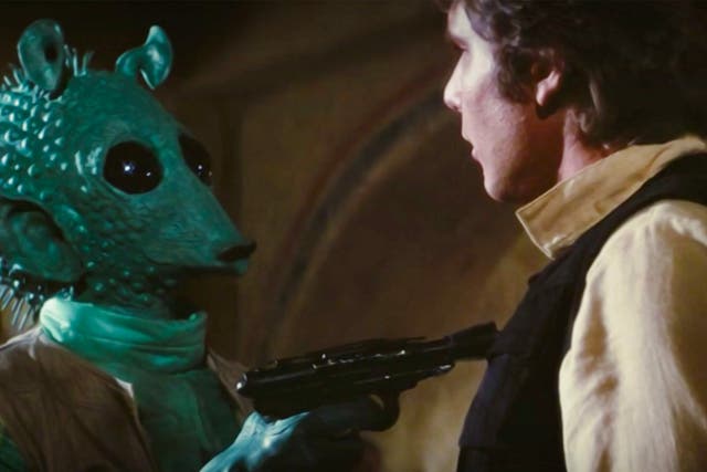 <p>Punto de partida: Greedo y Han Solo se preparan para dispararse mutuamente en <em>Star Wars: A New Hope</em></p>
