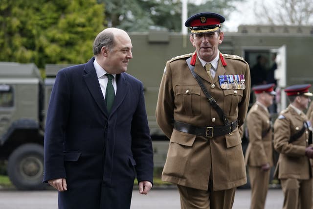 Defence Secretary Ben Wallace (left) after the change of colours parade at Baker Barracks on Thorney Island, West Sussex, as the 16 Regiment Royal Artillery bids farewell to its Rapier missiles and welcomes in the all new state-of-the-art Sky Sabre air defence system as its ceremonial colours (Andrew Matthews/PA)