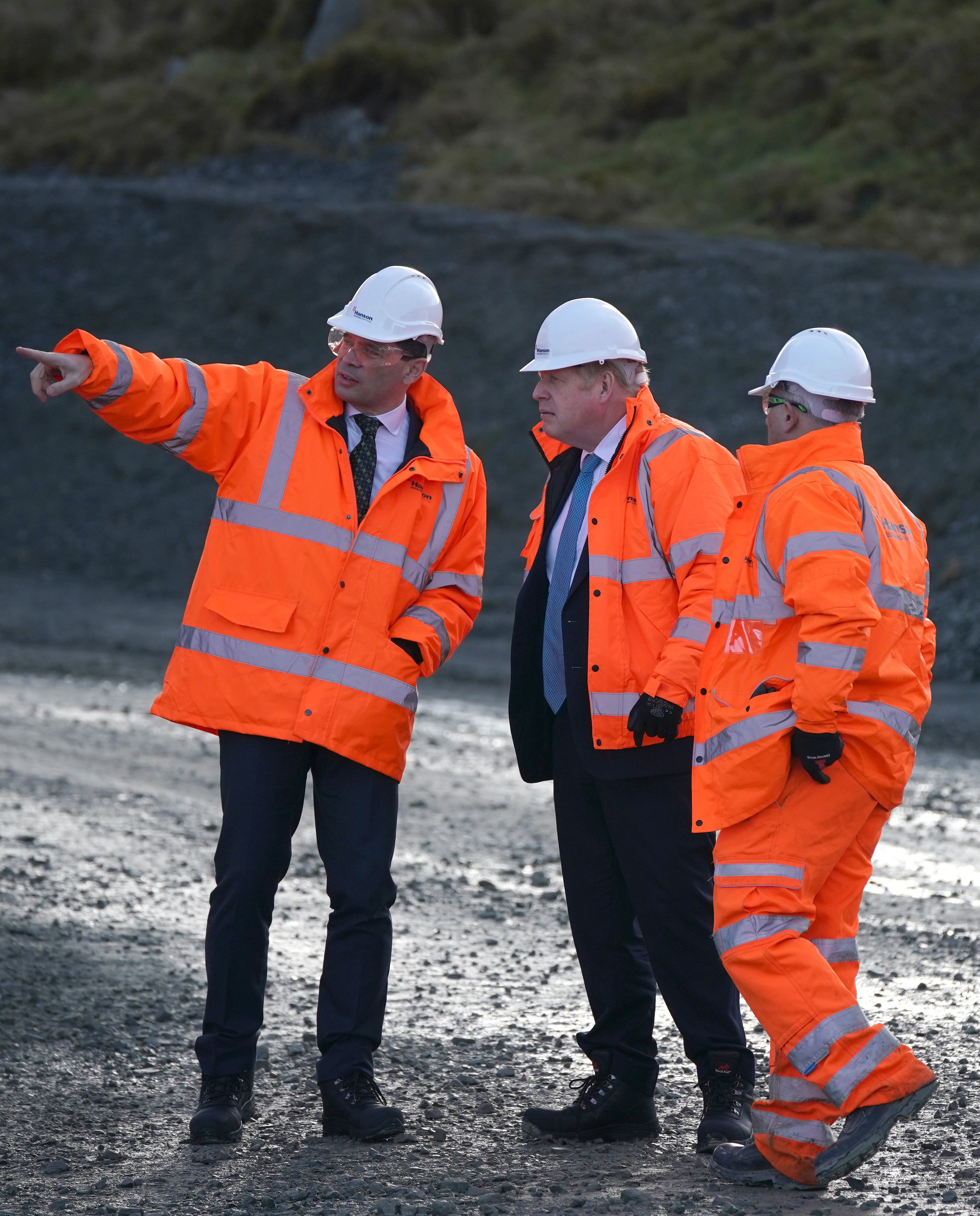 Prime Minister Boris Johnson during a visit to Hanson Aggregates in Penmaenmawr, North Wales (Peter Byrne/PA)