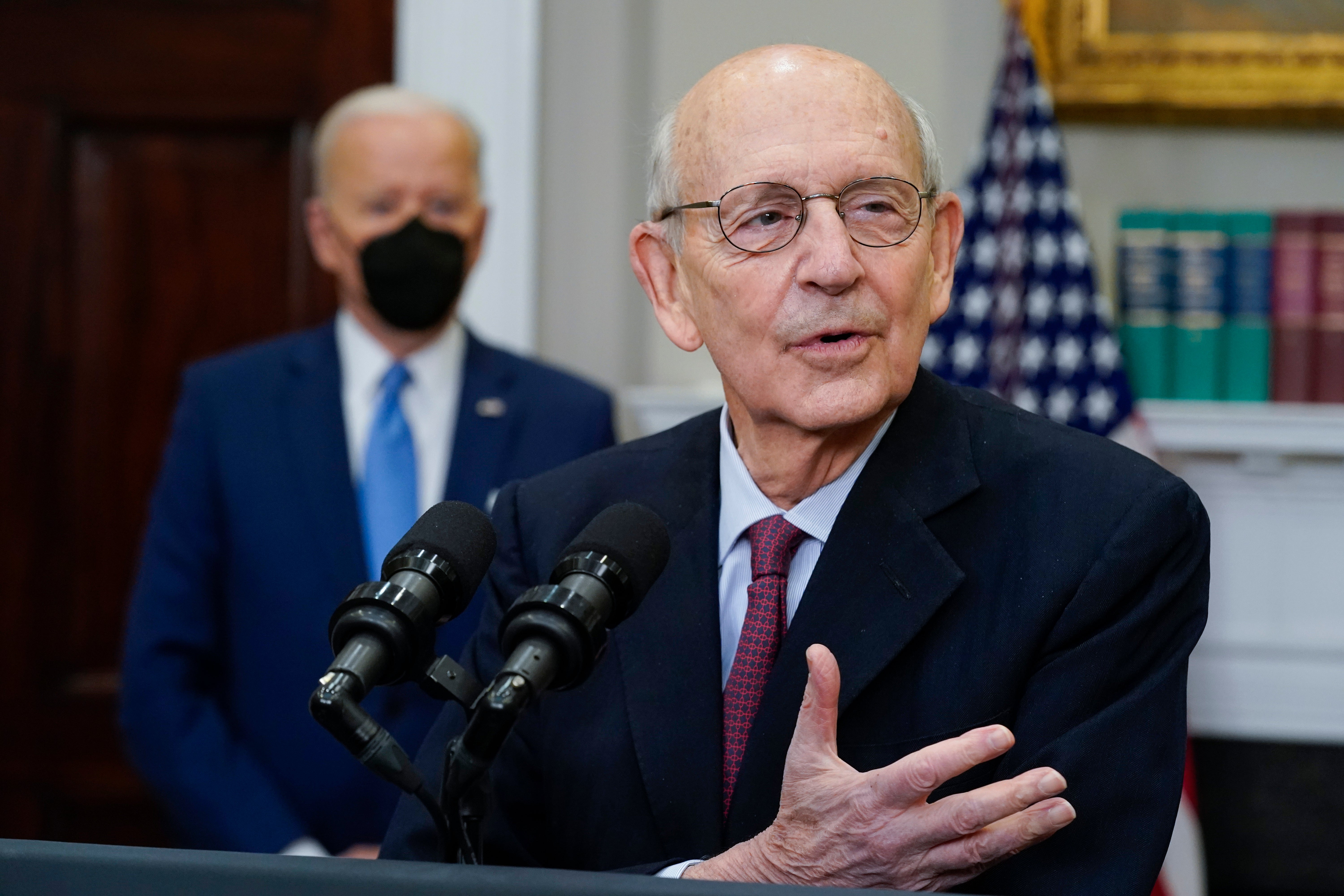 Supreme Court Associate Justice Stephen Breyer announces his retirement in the Roosevelt Room of the White House in Washington, Thursday, Jan. 27, 2022. President Joe Biden looks on