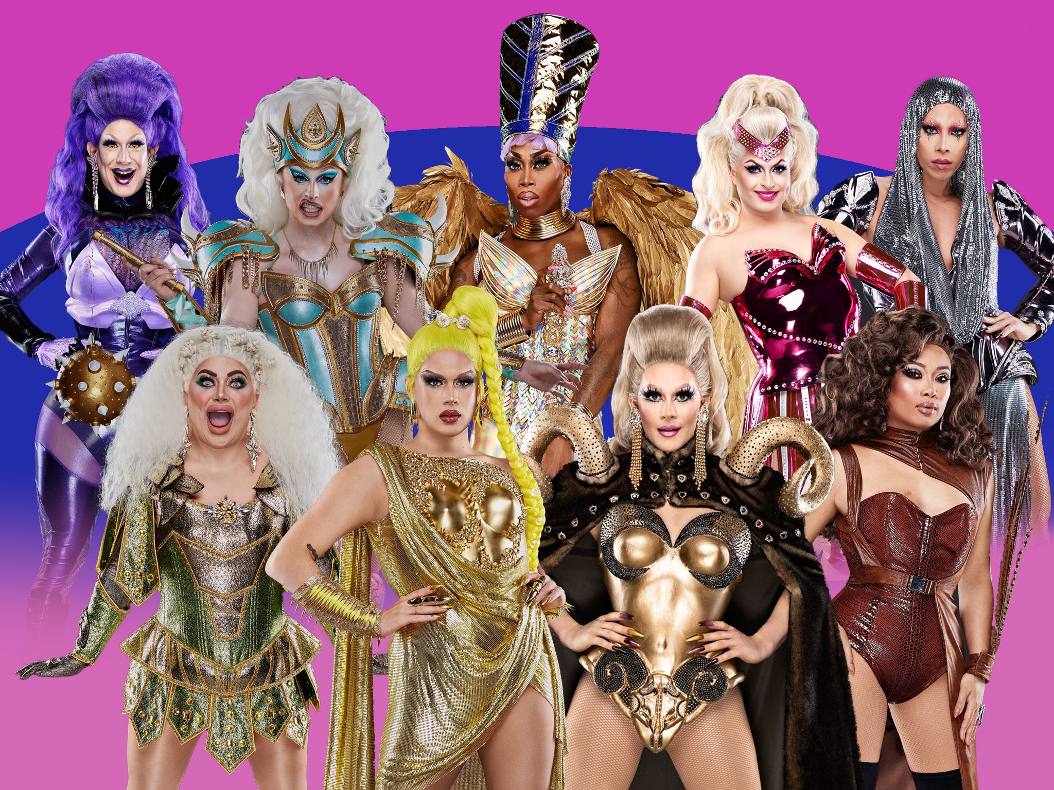 Queens of the world: Clockwise from top left – Jimbo, Blu Hydrangea, Mo Heart, Cheryl Hole, Pangina Heals, Jujubee, Janey Jacké, Lemon, Baga Chipz