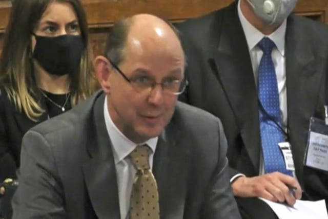 The Foreign Office’s top civil servant, Permanent-under secretary Sir Philip Barton, giving evidence on the evacuation from Afghanistan to MPs sitting on the House of Commons Foreign Affairs Select Committee. (House of Commons/PA)