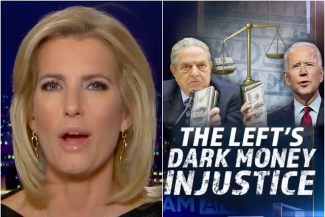 <p>Laura Ingraham displayed a graphic of George Soros clutching banknotes on Holocaust Remembrance Day</p>