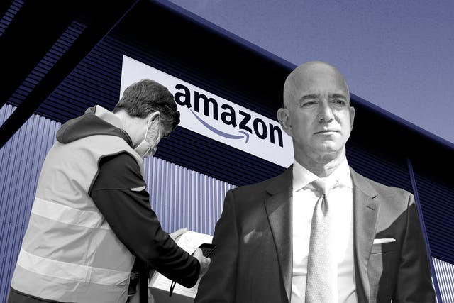 <p>Drivers are taking action against Amazon, founded by Jeff Bezos (pictured, right), which posted a £5.8bn profit in the first three months of last year </p>