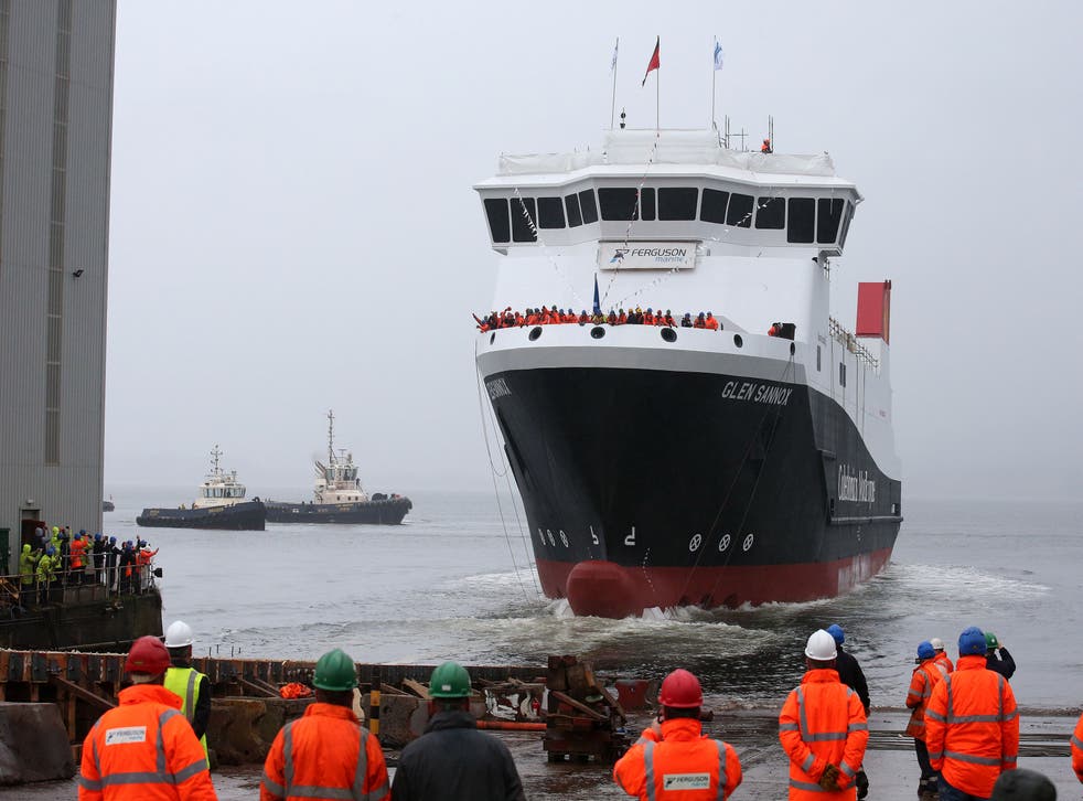 The ferry MV Glen Sannox travels down slipway at its launch ceremony for the liquefied natural gas passenger ferry, the UK’s first LNG ferry, at Ferguson Marine Engineering in Port Glasgow.