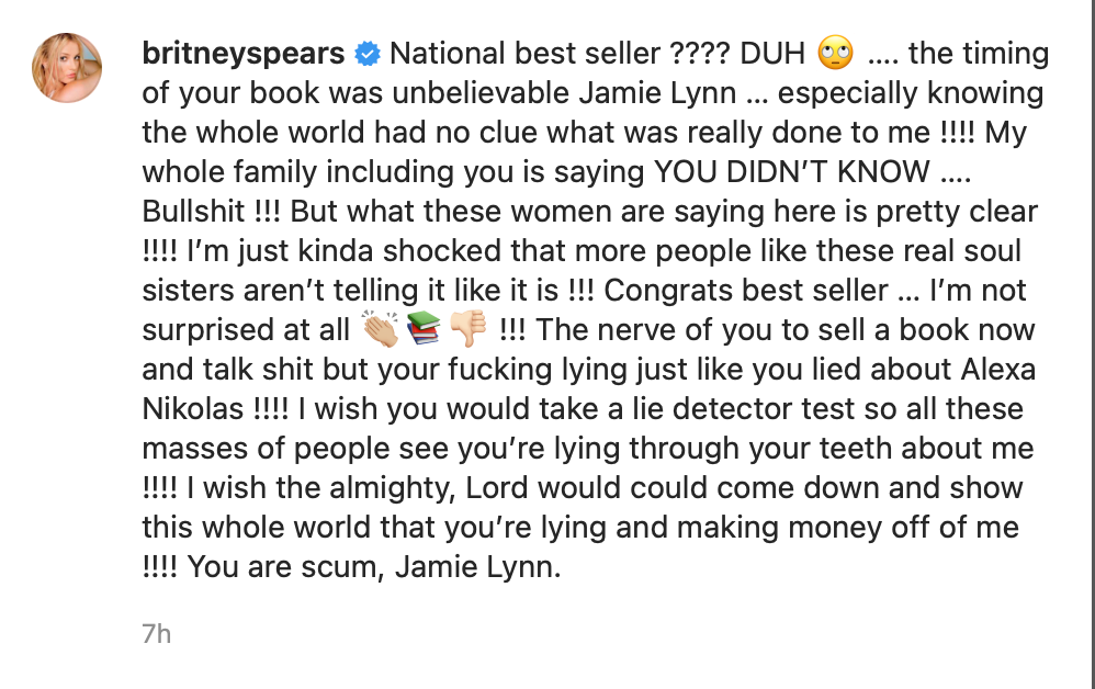 Britney Spears called sister Jamie Lynn ‘scum’ in new Instagram post