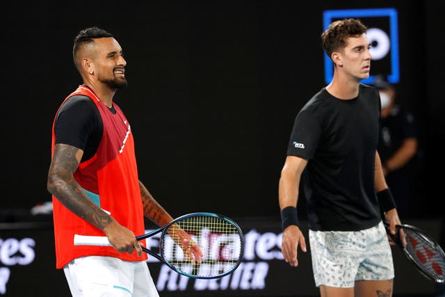 <p>Nick Kyrgios and Thanasi Kokkinakis during the final against Matthew Ebden and Max Purcell</p>
