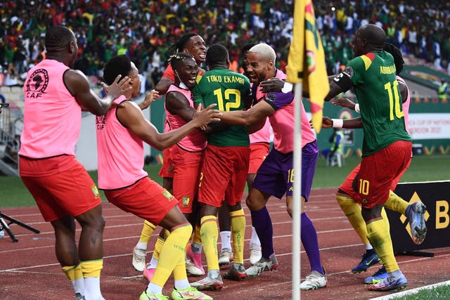 <p>Karl Toko Ekambi celebrates after scoring</p>