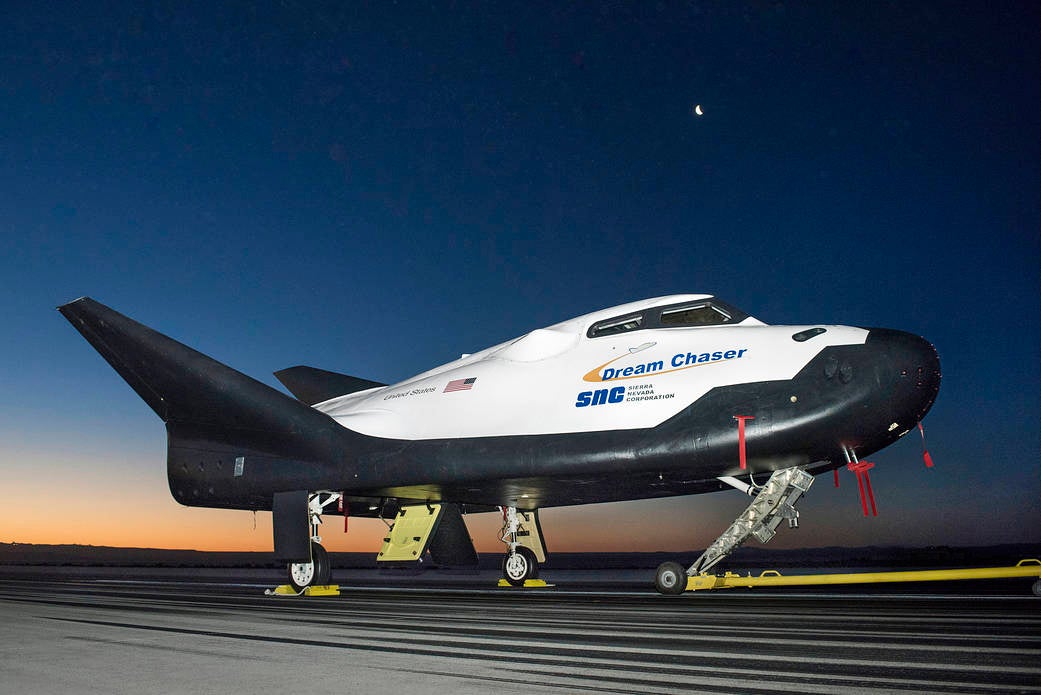 Sierra Nevada Corporation’s Dream Chaser® spacecraft shown on the runway at Nasa’s Armstrong Flight Research Center in 2017 preparing for a tow-test