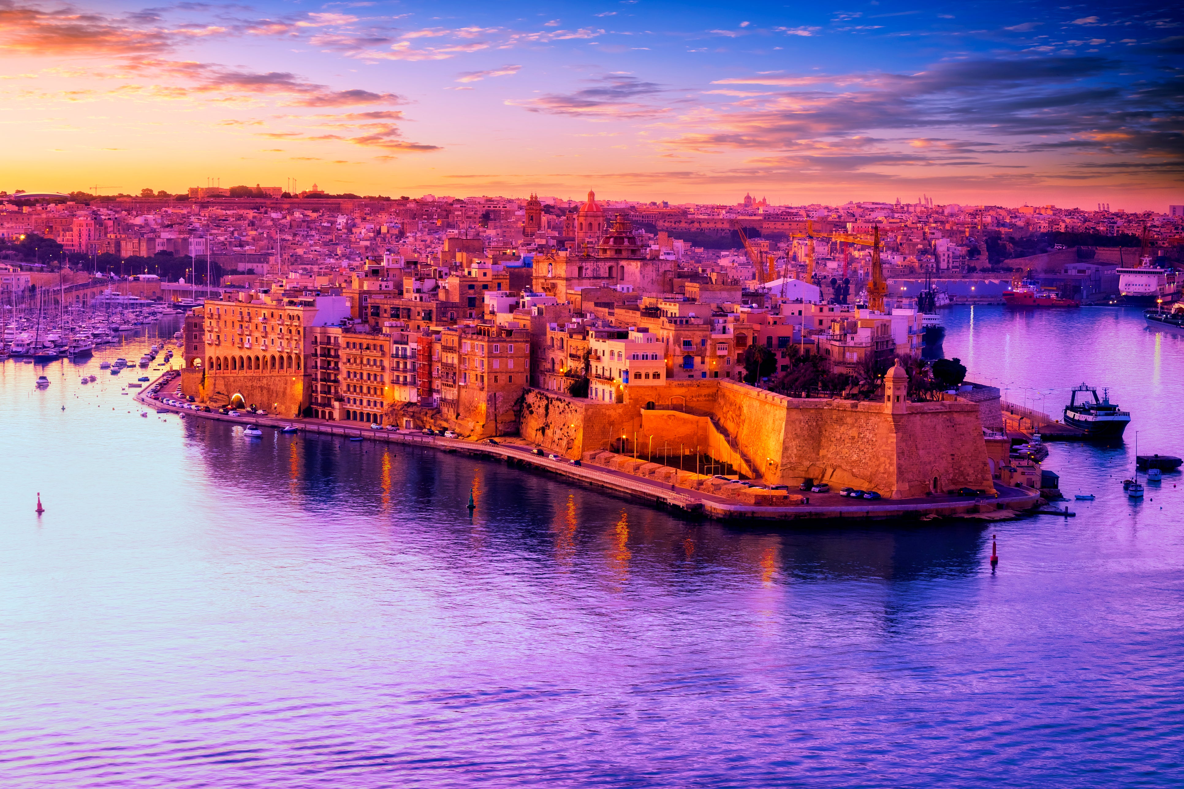 Dawn over Birgu and the Grand Harbour in southeast Malta