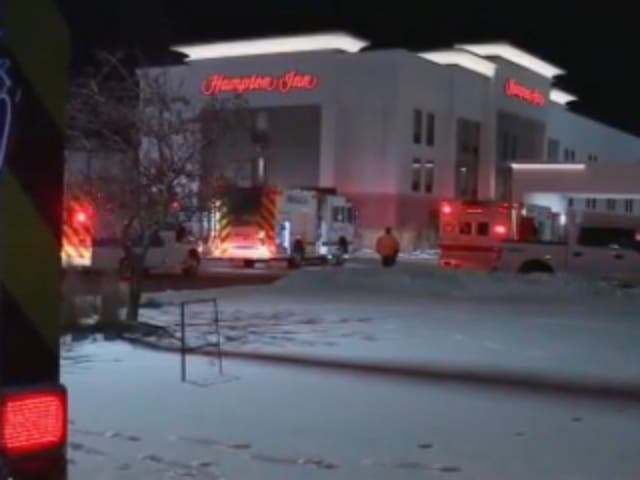 <p>Emergency crews surround a Hampton Inn in Marysville, Ohio, where a suspected carbon monoxide leak occurred, sending 11 to the hospital.</p>