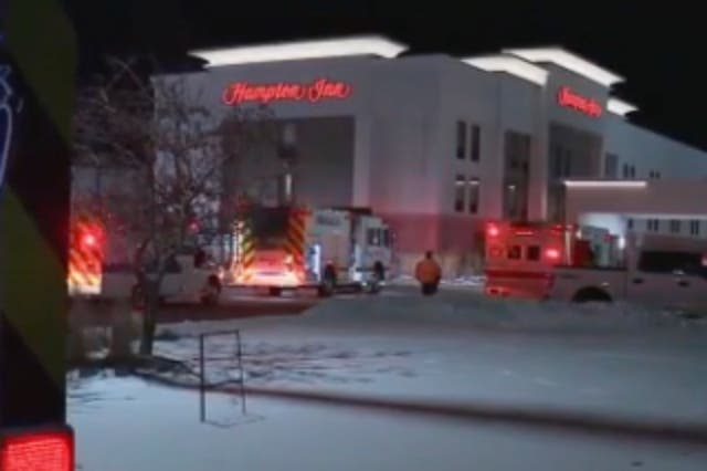 <p>Emergency crews surround a Hampton Inn in Marysville, Ohio, where a suspected carbon monoxide leak occurred, sending 11 to the hospital.</p>