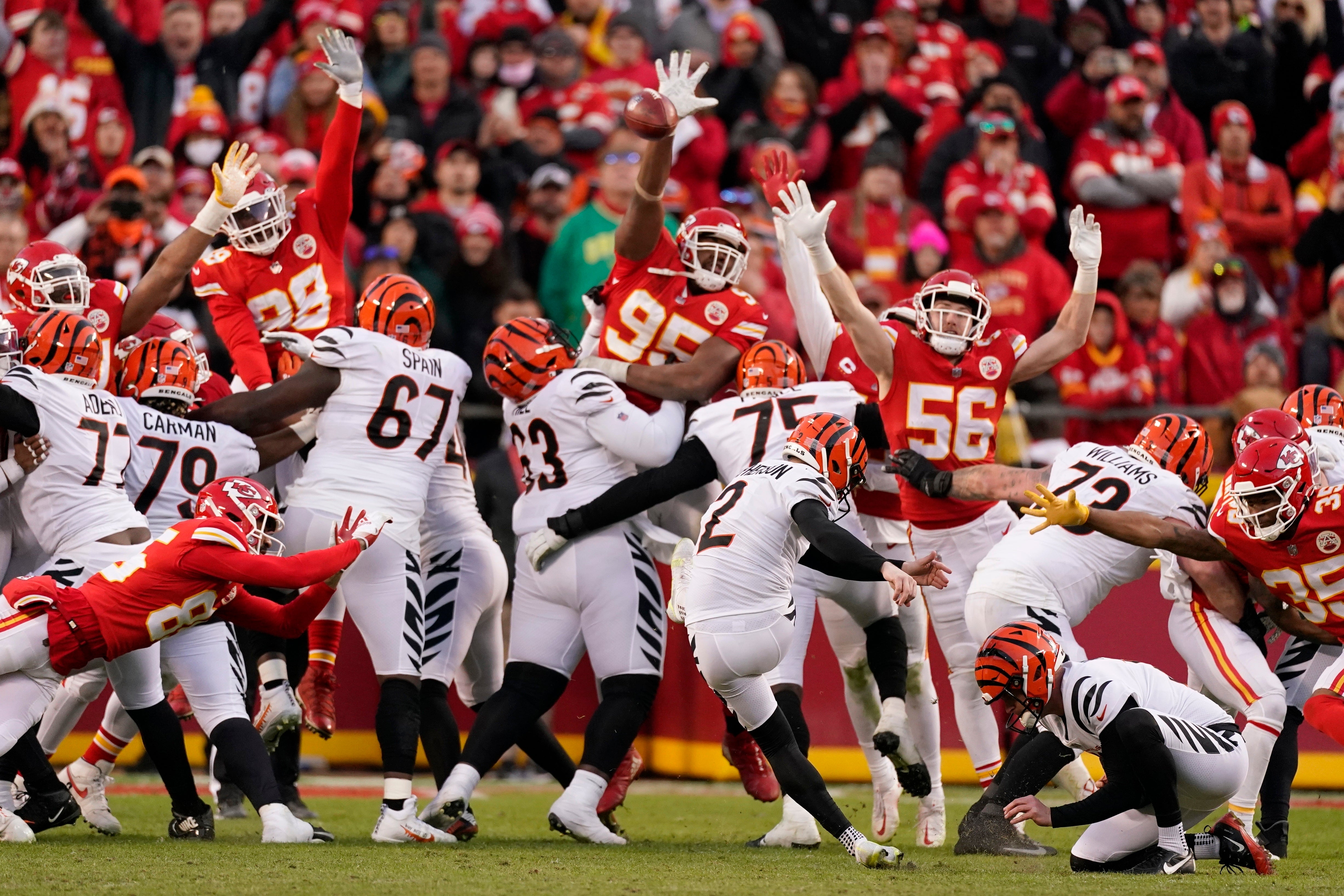 Cincinnati kicker Evan McPherson kicks a 31-yard field goal to send the Bengals to their first Super Bowl since the 1988 season (Charlie Riedel/AP)