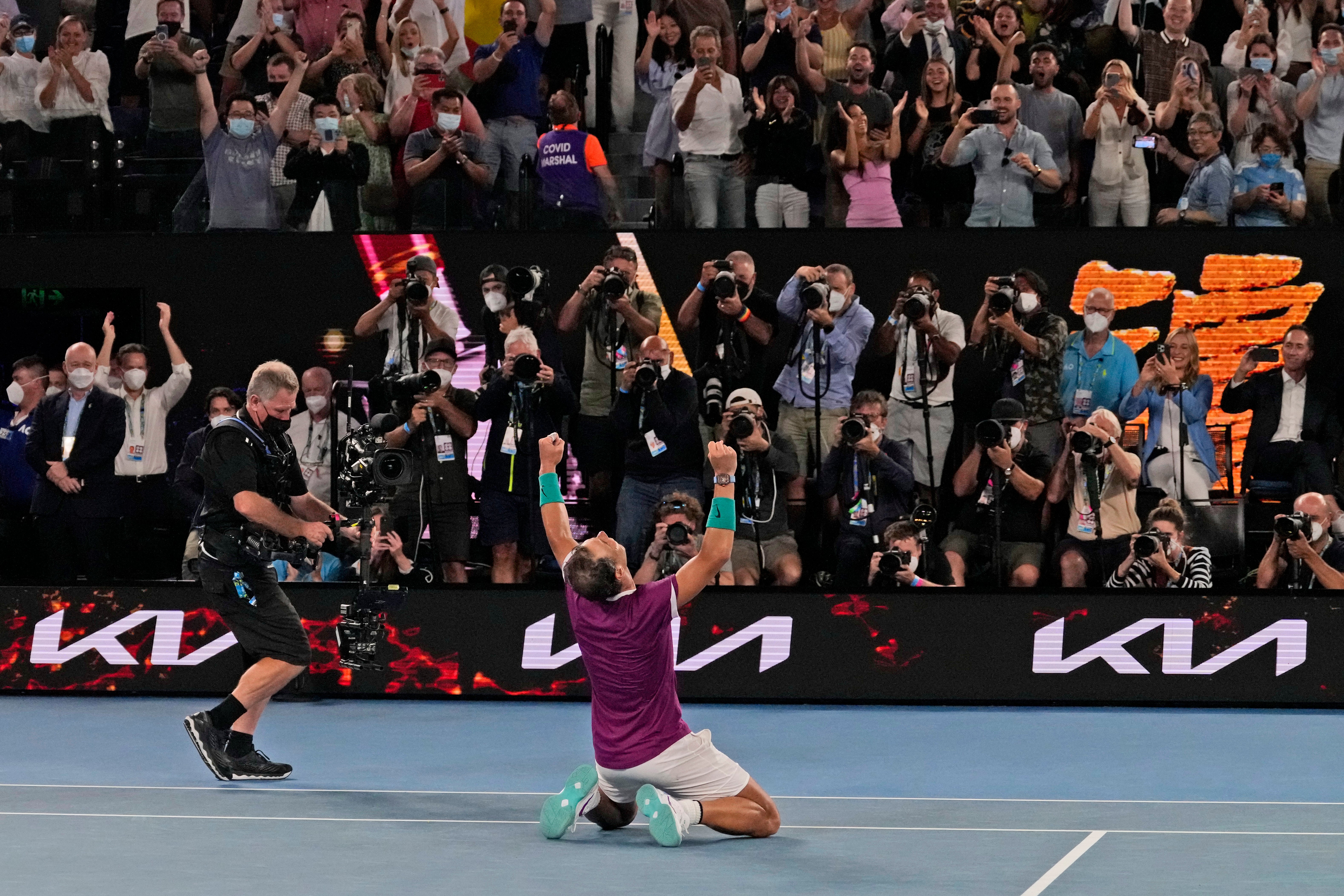Rafael Nadal celebrates after beating Daniil Medvedev to win the Australian Open (Simon Baker/AP/PA)