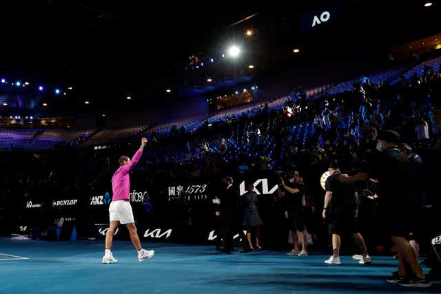 Rafael Nadal celebrates after winning a 21st grand slam title (Hamish Blair/AP/PA)