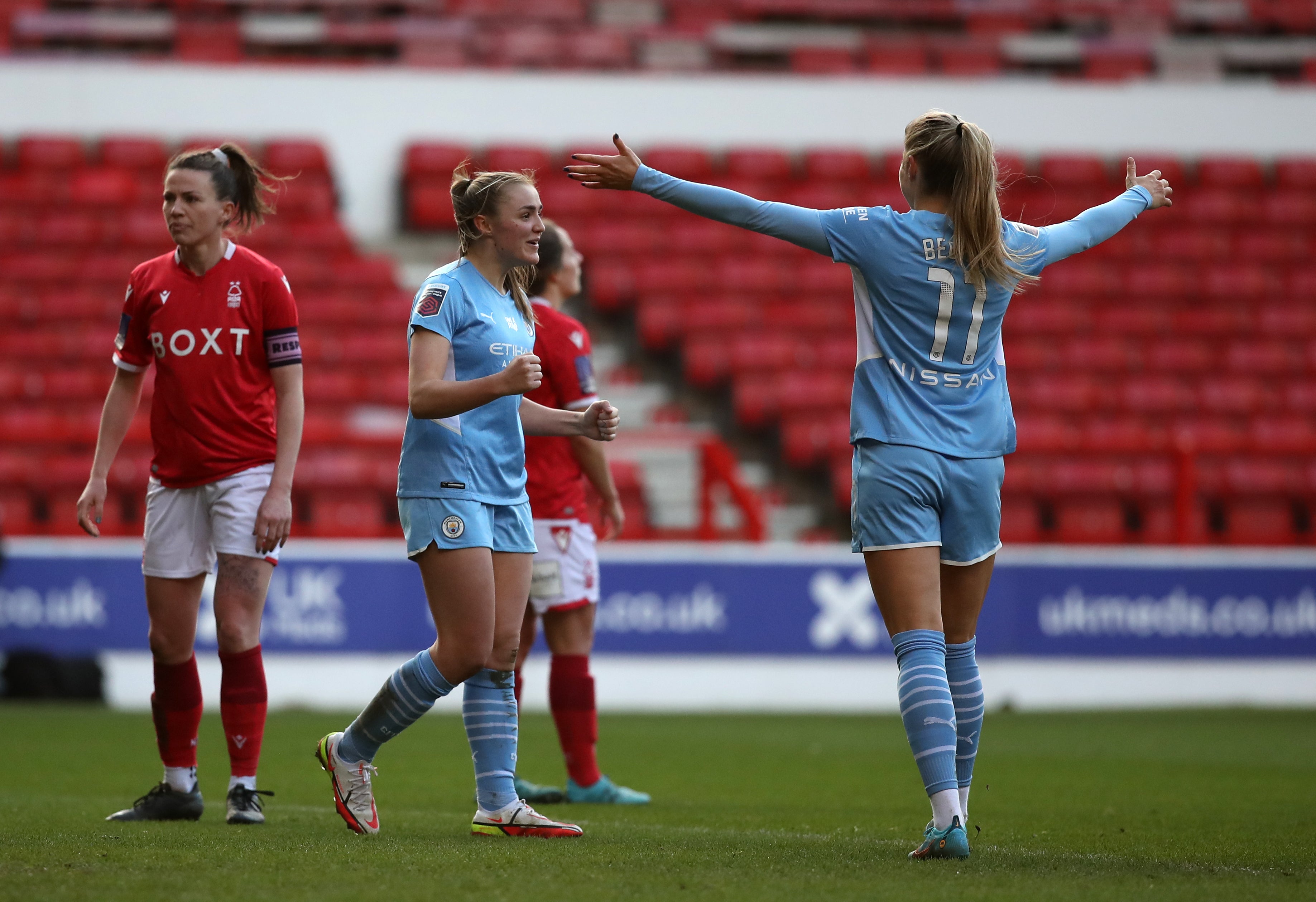 Georgia Stanway celebrates after becoming Manchester City Women’s record goalscorer following a hat-trick in their 8-0 FA Cup win over Nottingham Forest (Scott Wilson/PA)