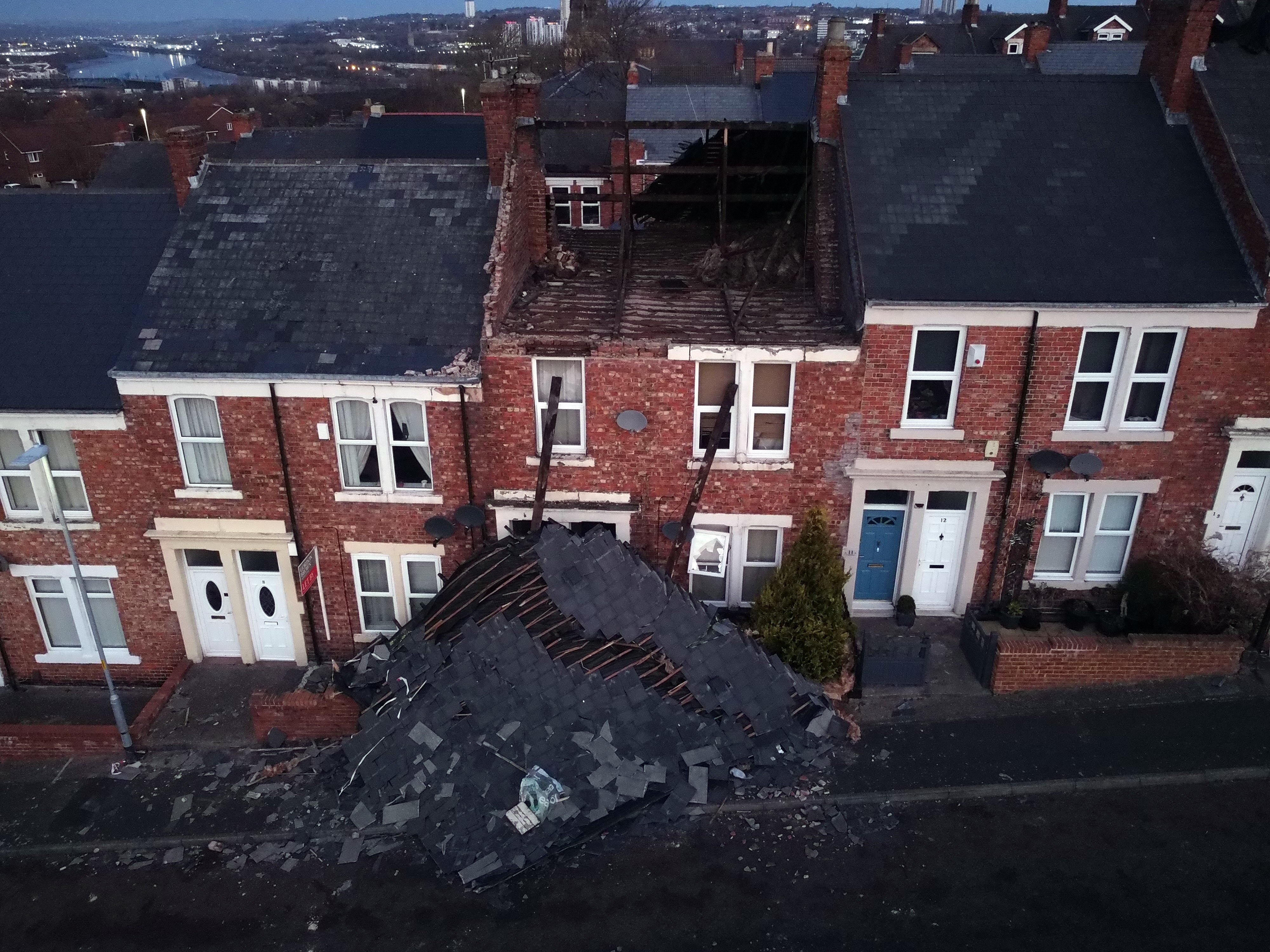 A house on Overhill terrace in Bensham Gateshead which lost its roof after strong winds from Storm Malik battered northern parts of the UK (Owen Humphreys/PA)
