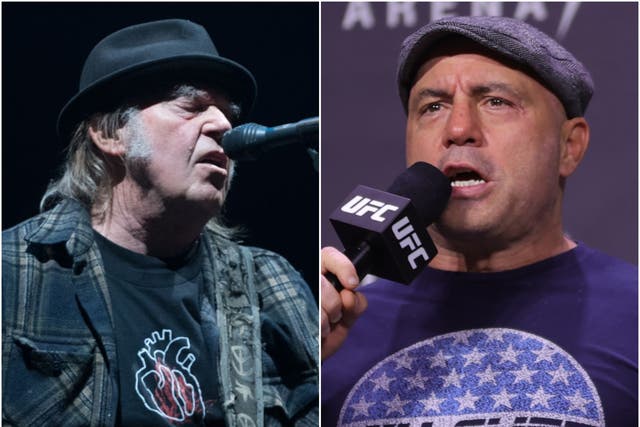 <p>Neil Young (left) asked for his music to be removed from Spotify in protest against Joe Rogan</p>