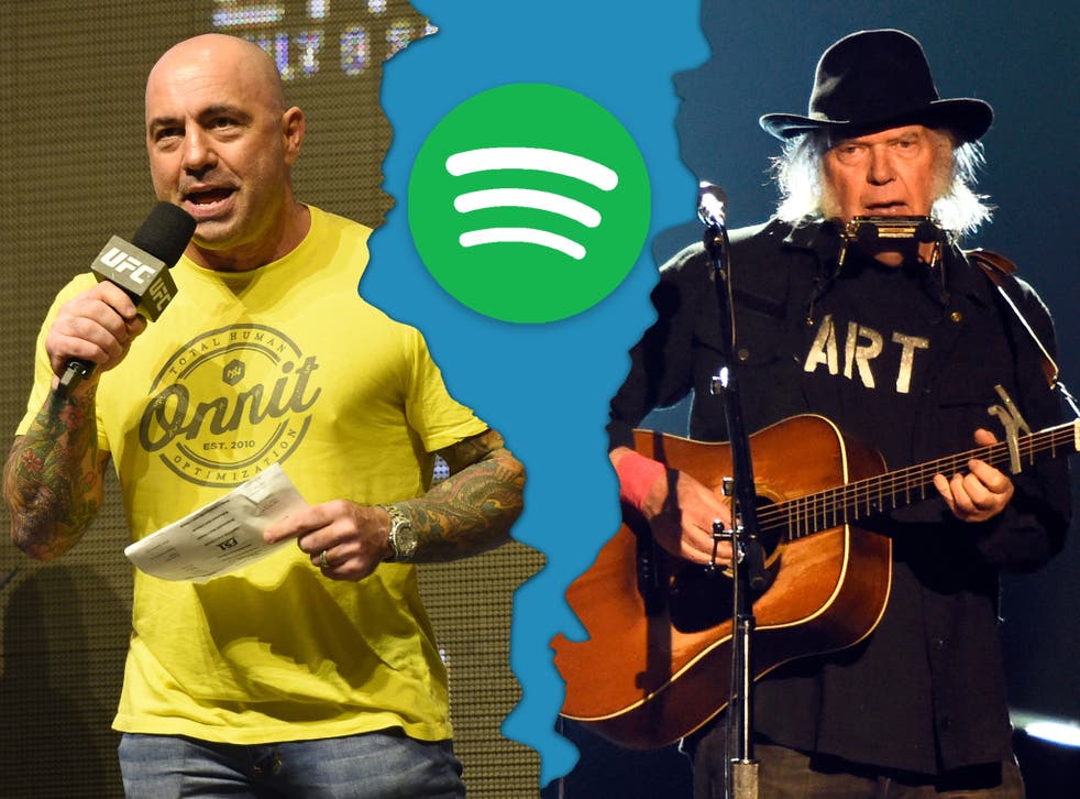 <p>Young (right) asked for his music to be removed from Spotify in protest against Rogan</p>