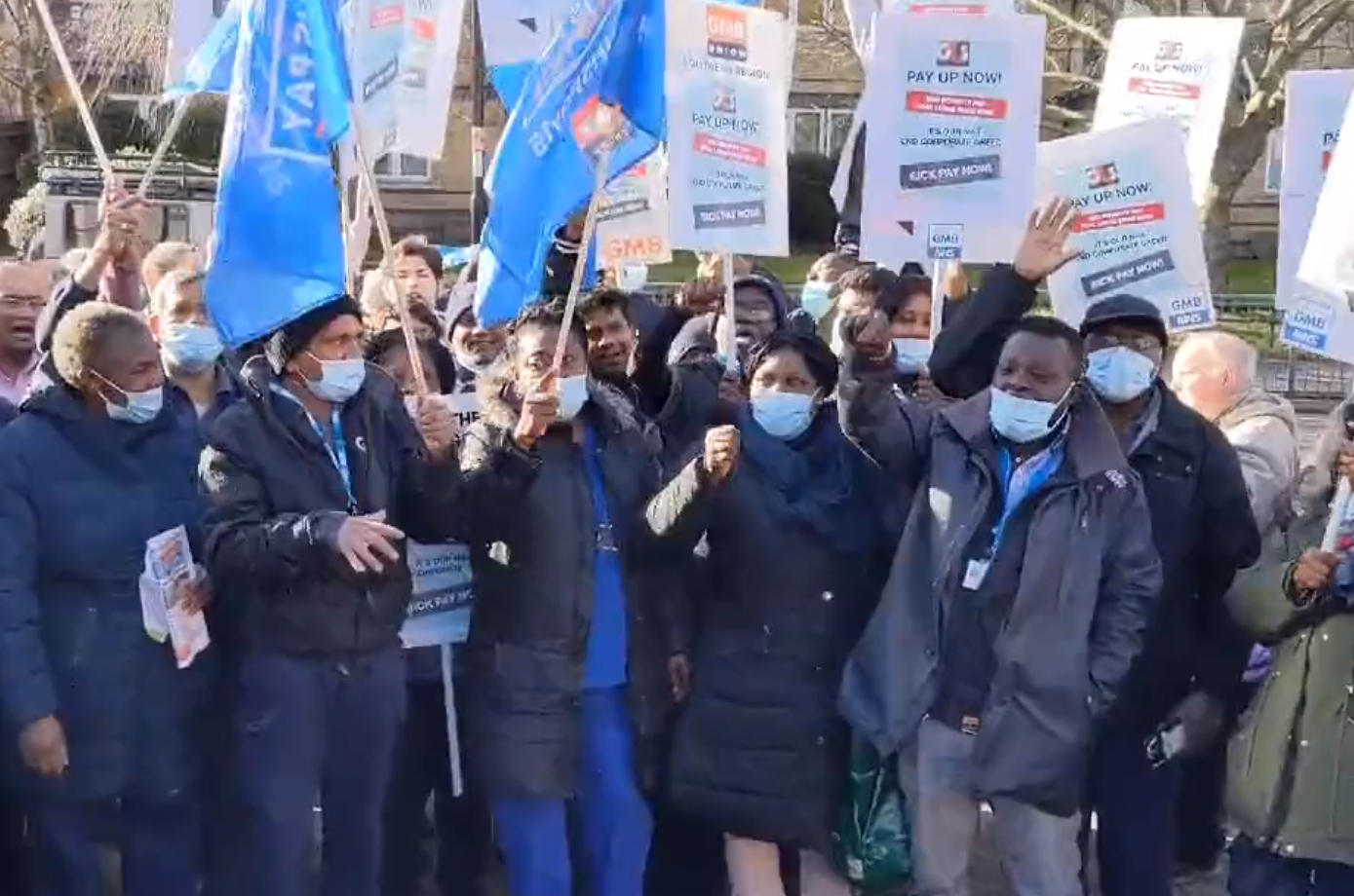 Hospital staff employed by G4S protested outside Croydon Hospital on Monday over Covid sick pay