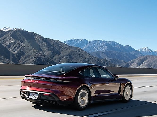 The Porsche Taycan pictured on a portion of the San Bernardino Mountain range