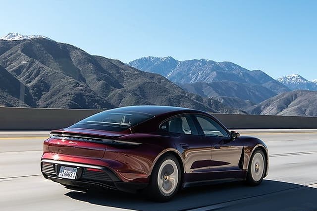 <p>The Porsche Taycan pictured on a portion of the San Bernardino Mountain range</p>